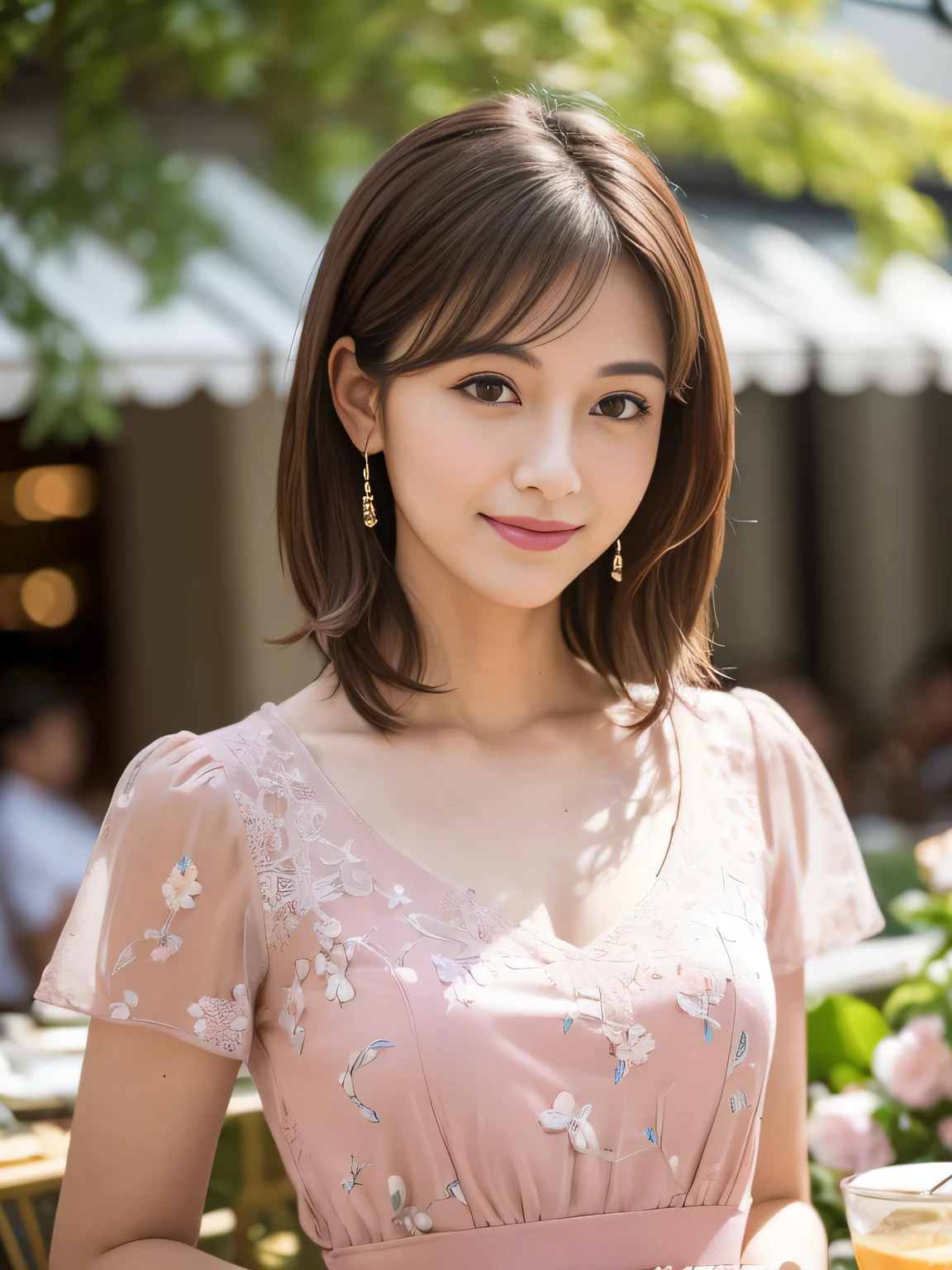 (RAW Photos), (Photo Real), (masterpiece), (Highest quality), High resolution, 8K resolution, (Intricate details), (Volumetric Light), Portraiture, woman, 30 years old, Medium Hair, Layered Hair, Brown Hair, Highly detailed eyes, Very thin eyebrows, Highly detailed skin, Highly detailed mouth, Highly detailed nose, Cute like an idol, smile, ((Pink lipstick)), ((Watching the audience)), (Elegant and transparent, Short sleeve dress with floral pattern), ((Open cafe terrace background)), ((Bodies facing random directions)),