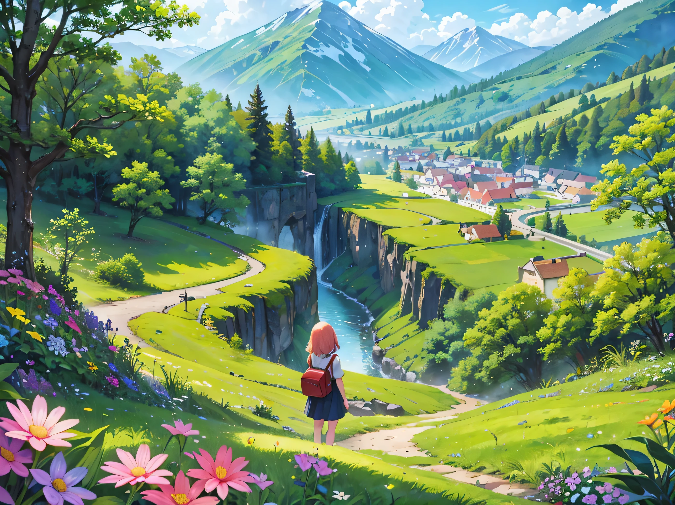 a landscape of a lush valley, flowers, birds, 1girl, traveler
