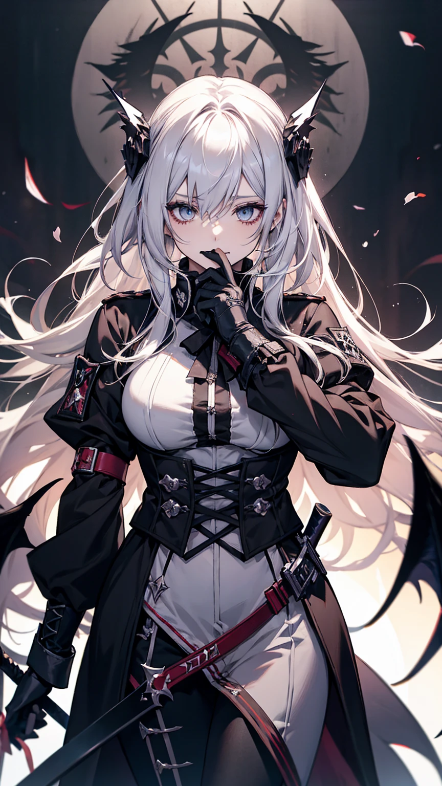 With long white hair and black wings、anime girl holding a sword, Gothic Maiden Anime Girl, White-haired God, From Arknights, Nightcore, Devil Anime Girl, Angel Knight Gothic Girl, Fate-like anime style/Stay Night, The villain has black angel wings, From desire, Gap Moe Yandere Grimdark, From Girls Frontline, grim Reaper, pixiv style