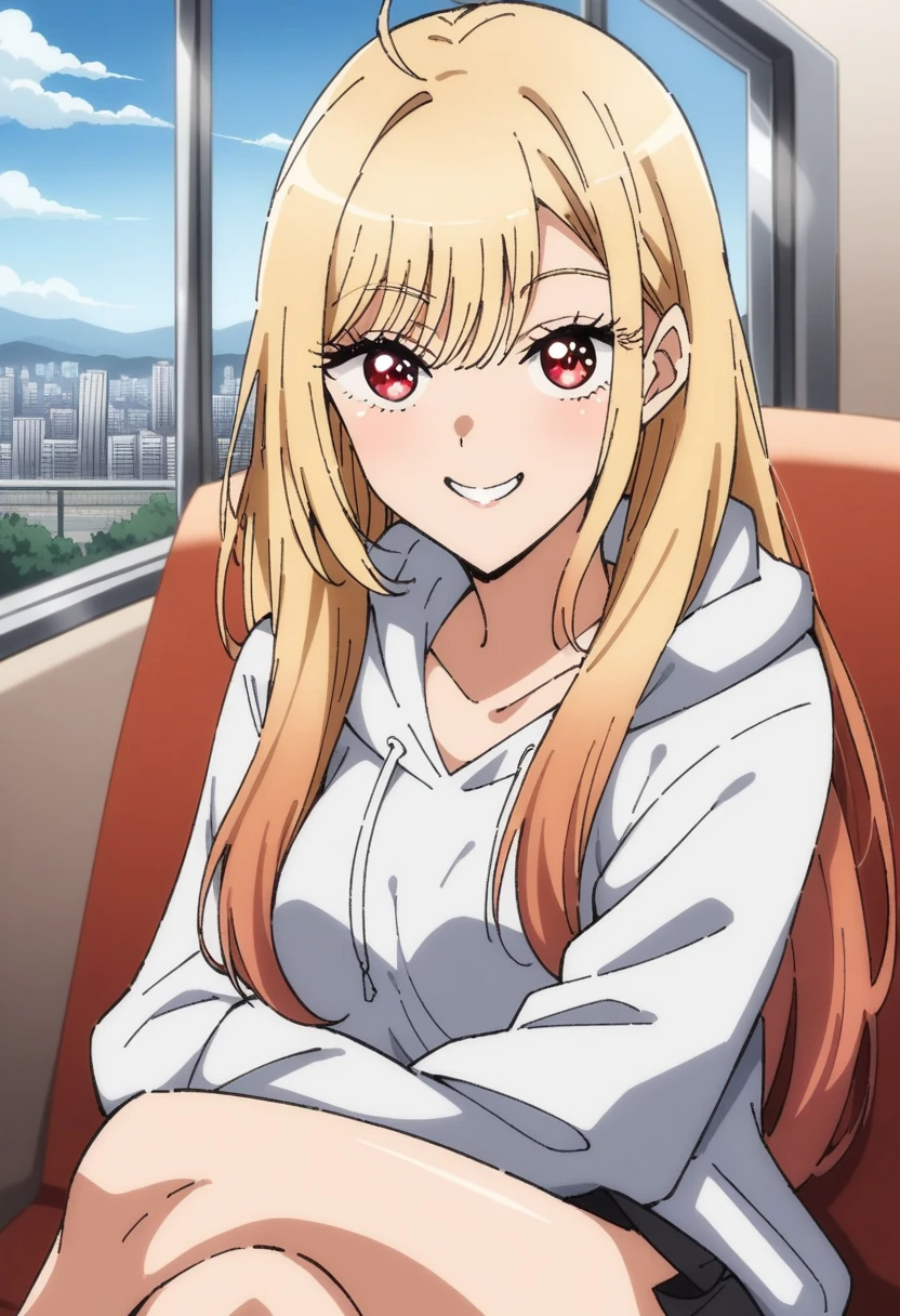 (anime art style:0.1), 2d, masterpiece, best quality, (very aesthetic:1.5), absurdres, dynamic shadows, atmosferic, (kitagawa marin), (1girl), ((blonde hair)), long hair, (red eyes), sparkle eyes, detailed eyes, eyelashes, ahoge, hair between eyes, bangs, medium breasts, curvy body, sexy smile, loose hoodie, white hoodie, black miniskirt, black kneehighs, sneakers, red beanie, ((feet out frame)), looking at viewer, sitting, crossed legs, (from front), train, sit, window, landscape, winter, afternoon, ((city)), clouds