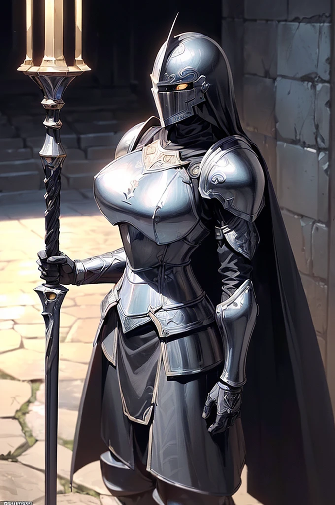 (masterpiece; best quality: 1.2), ((full armored knight woman)), ((solo)), (black eyes: 1.4), (body; toned, strong, tall: 1.3), (beautiful and clear background: 1.2), ((depth of field)), (equipment: full plate all-black dark-damascus realistic armor + closed helmet with plume + black cape: 1.3), (anime illustration: 1.2), (background composition; garden exterior + furniture: 1.1), (extremely fine and beautiful: 1.1), (shot composition; standing + centered on torso + close-up: 1.5)