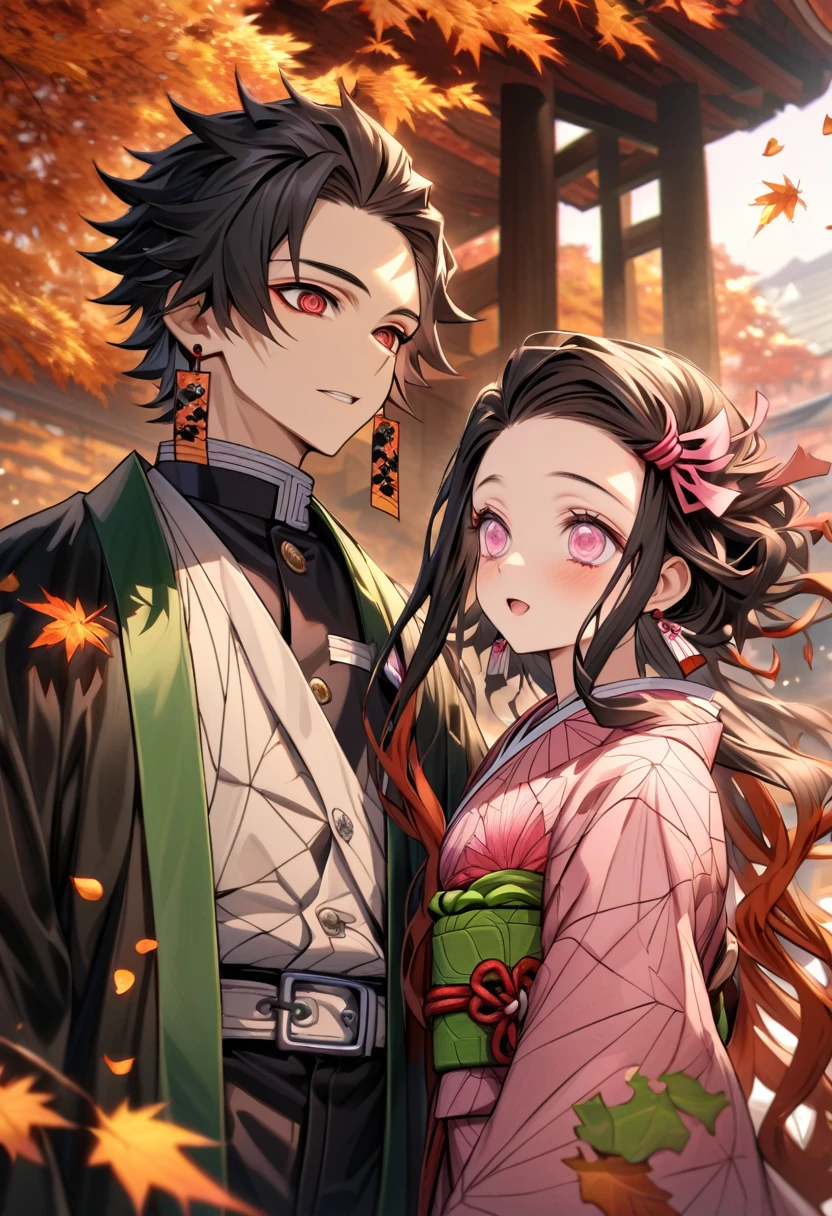 Ultra detailed, highres, absurdres, HDR, master piece, Kamado Tanjirou, ruffled black hair with burgundy tips, short hair, expressive dark red eyes, hanafuda earrings, Kamado Nezuko, black hair, expressive pink eyes, black haori, pink kimono, Kimetsu No Yaiba, autumn, petals, orange and yellow leaves, a handsome man together with a beautiful woman, couple, handsome, demon slayer uniform, green haori, best quality,