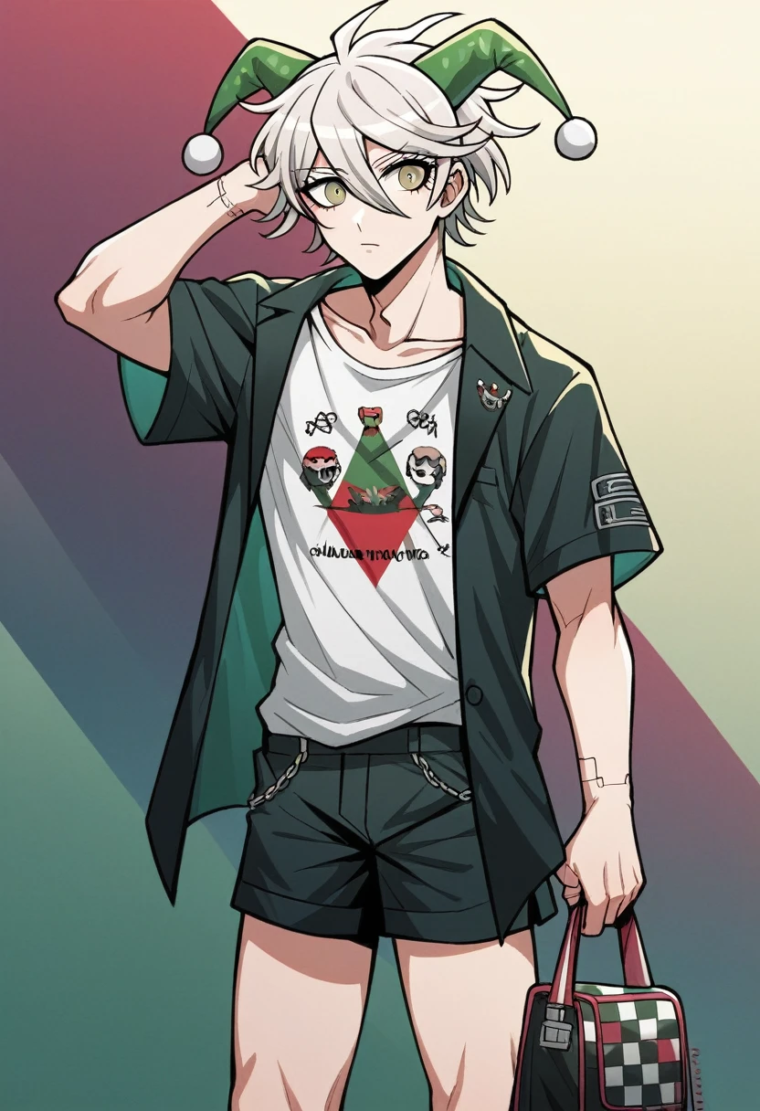 concept art, femboy, male, Arknights, danganronpa, yakuza, Italian mafia, cyberpunk, cute, pink, green, black, white, checkered pattern, jester, dragon, prankster, vtuber model, casual, detailed, baggy t-shirt, black formal shorts with thin white stripes, danganronpa inspired, live2d, kokichi ouma