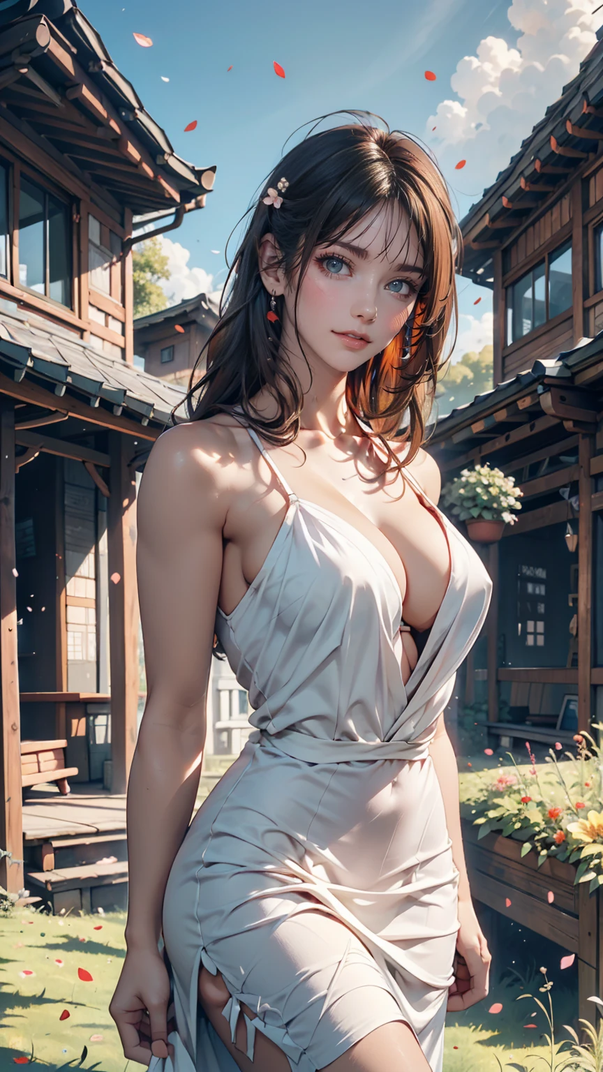 Realistic, Genuine, Beautiful and stunning landscape oil painting Studio Ghibli Hayao Miyazaki Petals Grassland Blue Sky Grassland Country Road,building, --v6、24-year-old female、Sexy proportions、Sexy、Wear a strap-shoulder dress