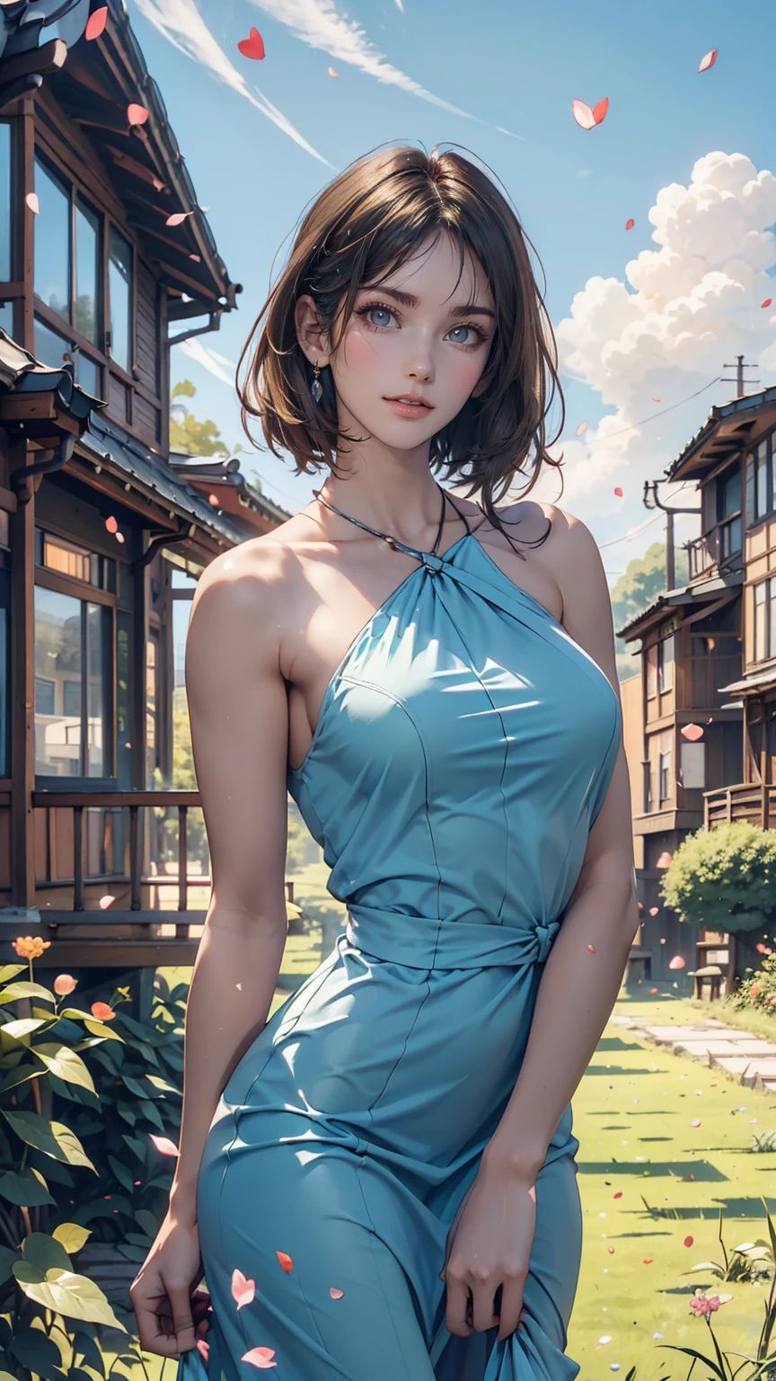 Realistic, Genuine, Beautiful and stunning landscape oil painting Studio Ghibli Hayao Miyazaki Petals Grassland Blue Sky Grassland Country Road,building, --v6、24-year-old female、Sexy proportions、Sexy、Wear a strap-shoulder dress