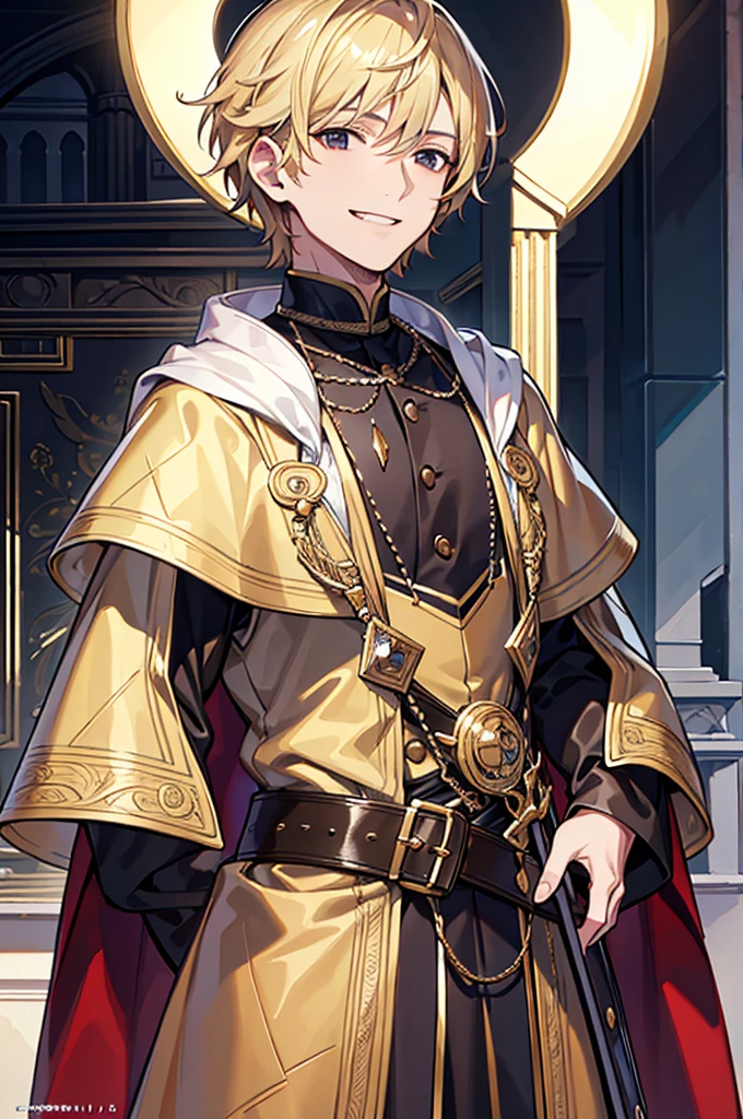 1.5, best quality, high quality, High definition, High quality texture, high detail, beautiful detailed, finely detailed, extremely detailed cg, detailed texture, 1man, boy, male, ((noble)), politician, long cloak, smiling, charming, devious, blonde hair, intelligent, black eyes