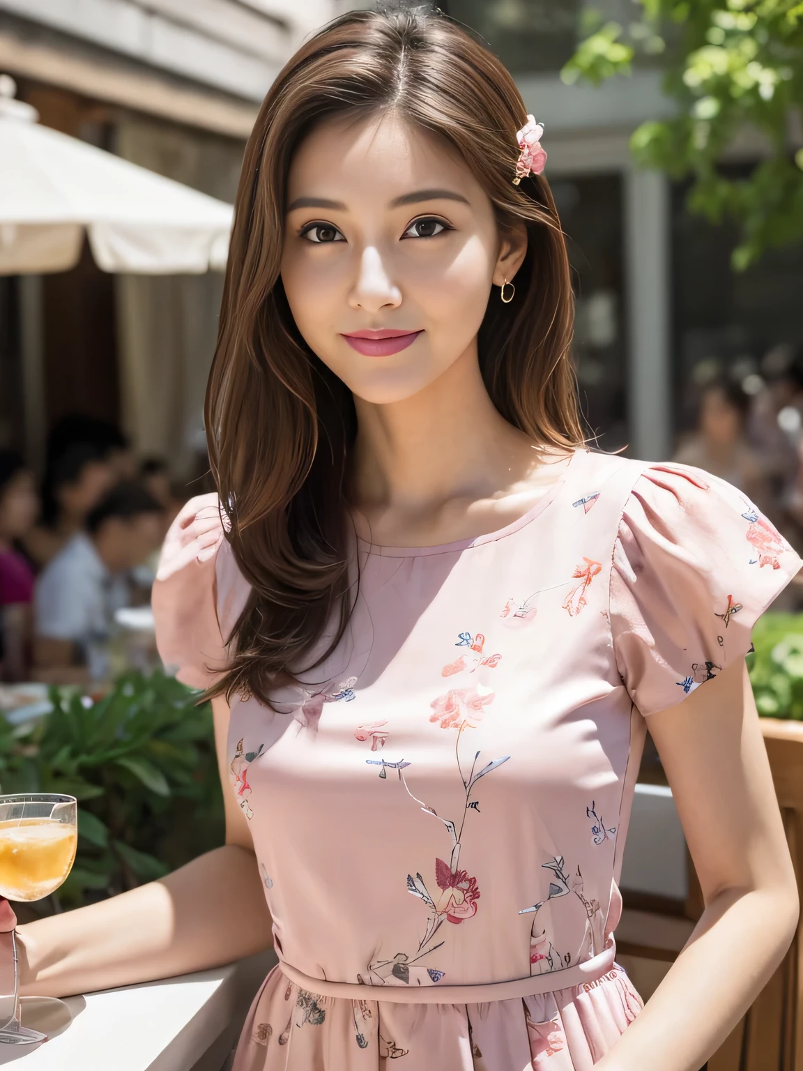 (RAW Photos), (Photo Real), (masterpiece), (Highest quality), High resolution, 8K resolution, (Intricate details), (Volumetric Light), Portraiture, woman, 30 years old, Medium Hair, Layered Hair, Brown Hair, Highly detailed eyes, Very thin eyebrows, Highly detailed skin, Highly detailed mouth, Highly detailed nose, Cute like an idol, smile, ((Pink lipstick)), ((Watching the audience)), (Elegant and transparent, Short sleeve dress with floral pattern), ((Open cafe terrace background)), ((Bodies facing random directions)),