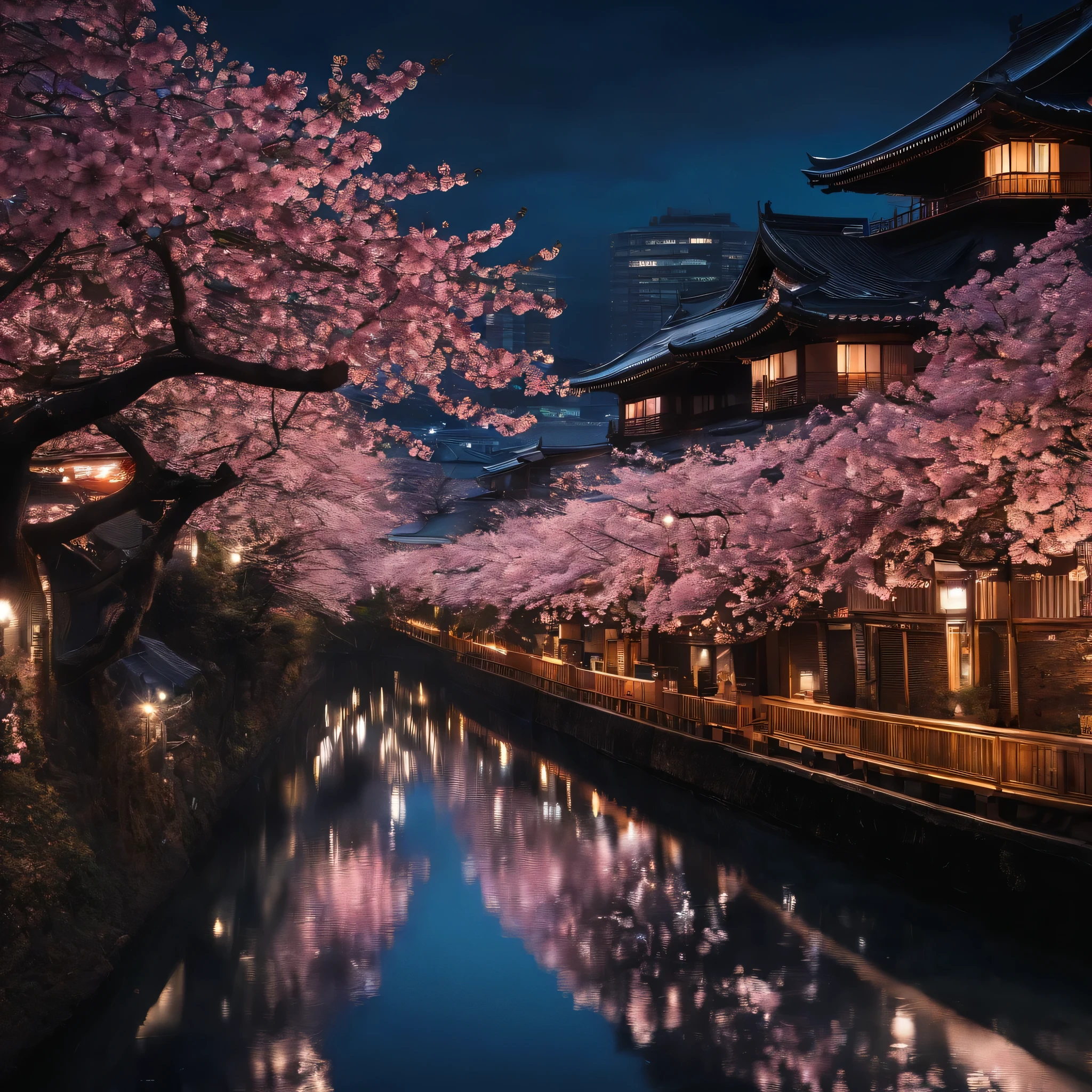 A very beautiful Japanese cityscape　Cherry Blossoms at Night