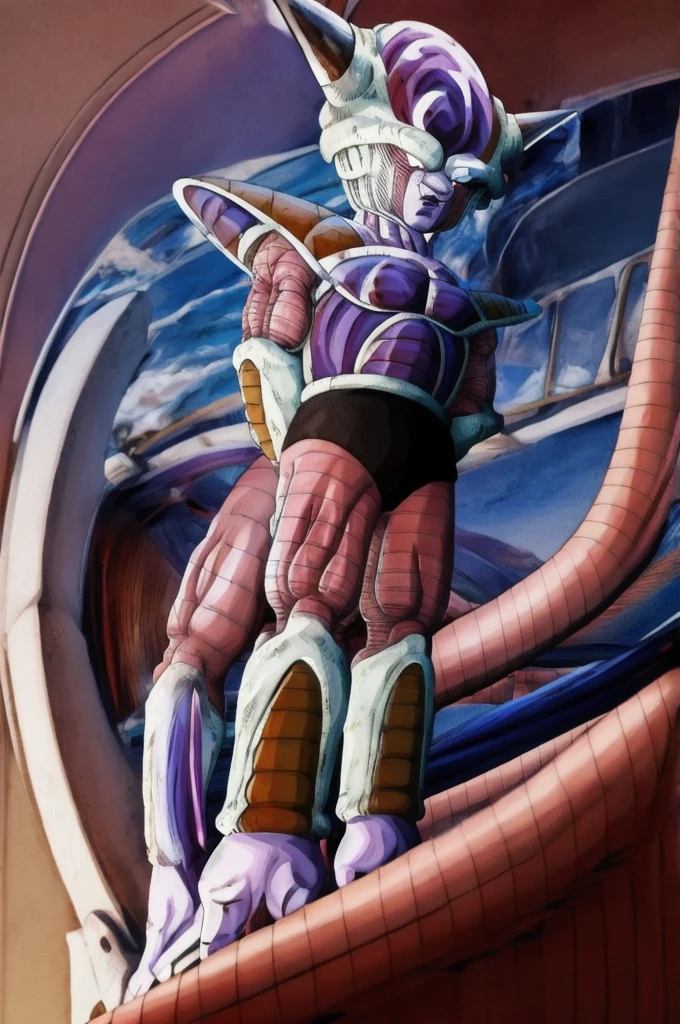 In a desolate battlefield, Frieza, a tall and slender alien with an icy white and purple complexion, kneels beside the defeated Android 18. Frieza’s red, menacing eyes and long, sharp tail emphasize his sinister presence. He wears his signature purple and white bio-armor, which accentuates his lean yet powerful physique. Android 18, a young woman with shoulder-length blonde hair and piercing blue eyes, lies on her back at Frieza’s feet. She is dressed in her familiar blue denim vest over a black and white striped shirt, with dark blue jeans and black boots. Her shirt is lifted, exposing her bare, synthetic abdomen. Frieza’s cold, clawed hand is pressing firmly on Android 18’s exposed belly, palpating and exploring it with a cruel, calculated expression. The scene focuses on the direct contact between Frieza’s hand and Android 18’s bare abdomen, emphasizing the invasive nature of the touch. The barren landscape and dark skies serve as a backdrop, intensifying the tension of the moment.