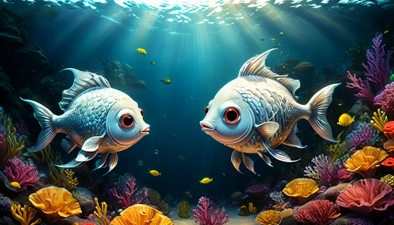(best quality,ultra-detailed,realistic:1.37),humor,comic style,bold lines, A cute fish with long and slender body silver shiny scales couple on a date in the dark depths of the sea, deep ocean life, fantasy, children's storybook illustration,vibrant colors,detailed lighting, dramatic shadows, whimsical,highly detailed,digital art,concept art,4k,8k,photorealistic,masterpiece,