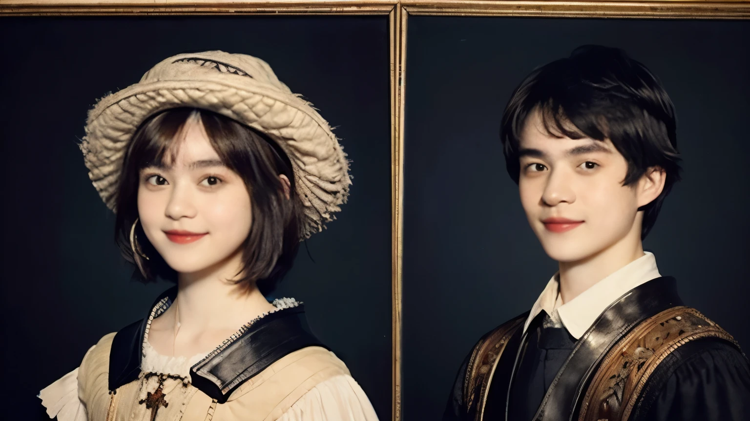 252 (An 18-year-old female and an 18-year-old male), (short hair),kind, lipstick, (Rembrandt-style painting), smile
