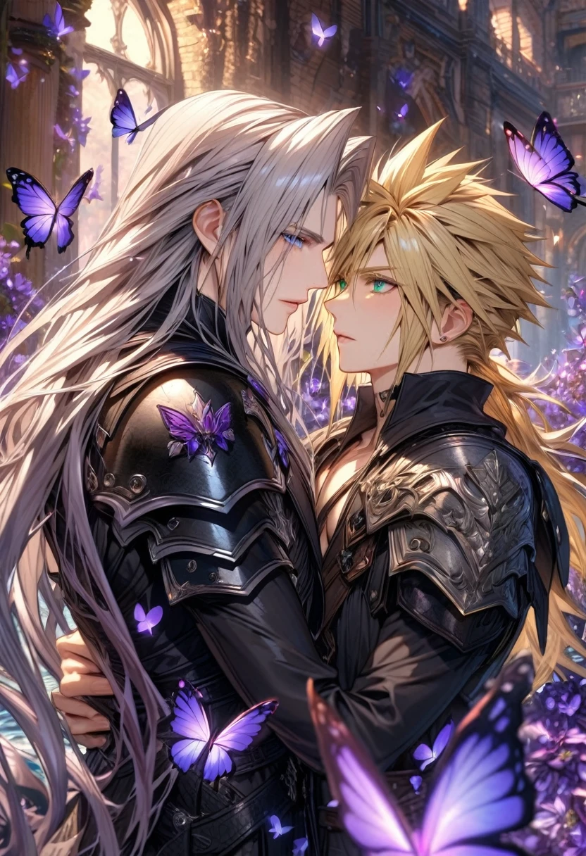 absurdres, highres, ultra detailed, HDR, master piece, best quality, extremely detailed, Sephiroth, gray long hair, expressive green eyes, Final Fantasy VII remake, Cloud Strife, blonde hair, expressive blue eyes, two men together, gay couple, yaoi, handsome, black clothes, fantasy, magical, sparkling, water, glass, purple butterflies, purple flowers, purple butterflies, purple petals 