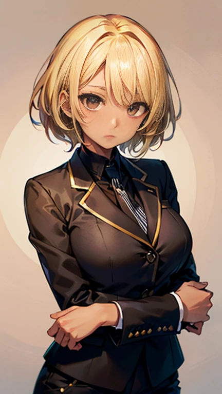 Nishizumi Shiho,Darjeeling,where,
One Woman,
(Blonde:1.5),
(Semi-short hair:Slightly longer,)Asymmetrical Hair,Perm,Gradient Hair:Gold-black,
Late 30s,Natural skin texture,Narrow waist,
(Brown skin:1.9),tall,Sunburn,
Japanese Girl,Gal,
light brown eyes,Slightly larger breasts,
((((Black business suit)))),
(((Black slack pants))),
((striped black tie)),
((ID photo:1.8,Plain background:1.6,Capture your subject from the front)),
expression(Straight face),upright posture,
Natural depiction,
Beautiful depiction,
Shiny eyes,
Healthy Body,
Natural hairstyle,
Natural body contours,
Natural facial contours,
(Five fingers)Absolute depiction,Symmetrical fingers,
Two arms,
Two legs,
Sharp eyelid depiction,
Symmetrical eyes,Symmetrical eyes,
Keep the subject in the center,Expand the upper body,
Beautiful image quality,
Delicate shades,
4K,Very detailed,
Delicate light adjustment,
Delicate contour drawing,