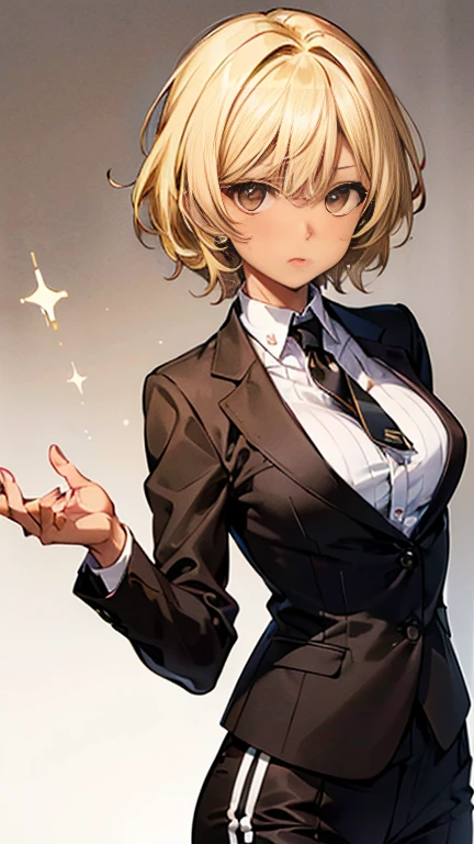Nishizumi Shiho,Darjeeling,where,
One Woman,
(Blonde:1.5),
(Semi-short hair:Slightly longer,)Asymmetrical Hair,Perm,Gradient Hair:Gold-black,
Late 30s,Natural skin texture,Narrow waist,
(Brown skin:1.9),tall,Sunburn,
Japanese Girl,Gal,
light brown eyes,Slightly larger breasts,
((((Black business suit)))),
(((Black slack pants))),
((striped black tie)),
(corset:1.1),
((ID photo:1.8,Plain background:1.6,Capture your subject from the front)),
expression(Straight face),upright posture,
Natural depiction,
Beautiful depiction,
Shiny eyes,
Healthy Body,
Natural hairstyle,
Natural body contours,
Natural facial contours,
(Five fingers)Absolute depiction,Symmetrical fingers,
Two arms,
Two legs,
Sharp eyelid depiction,
Symmetrical eyes,Symmetrical eyes,
Keep the subject in the center,Expand the upper body,
Beautiful image quality,
Delicate shades,
4K,Very detailed,
Delicate light adjustment,
Delicate contour drawing,