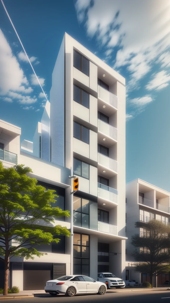 there is a white car parked in front of a tall building, mid-view, precise architectural rendering, architectural 3 d render, architectural render, low angle dimetric rendering, architectural rendering, architectural concept, realistic architecture, architecture render, architectural visualization, detailed rendering, highly detailed render, residential, wide angle exterior 2022, overall architectural design, pre-rendered