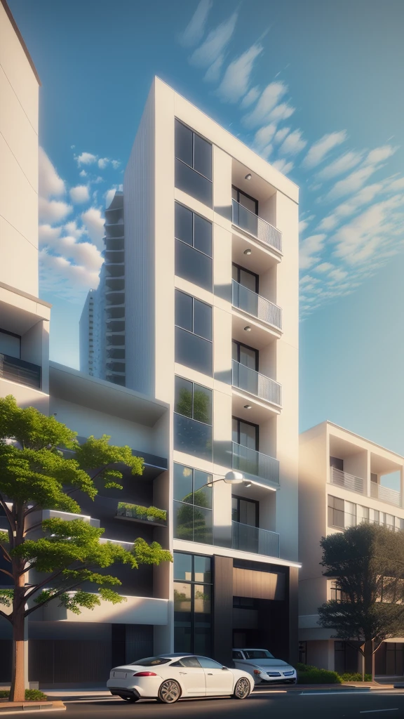 there is a white car parked in front of a tall building, mid-view, precise architectural rendering, architectural 3 d render, architectural render, low angle dimetric rendering, architectural rendering, architectural concept, realistic architecture, architecture render, architectural visualization, detailed rendering, highly detailed render, residential, wide angle exterior 2022, overall architectural design, pre-rendered
