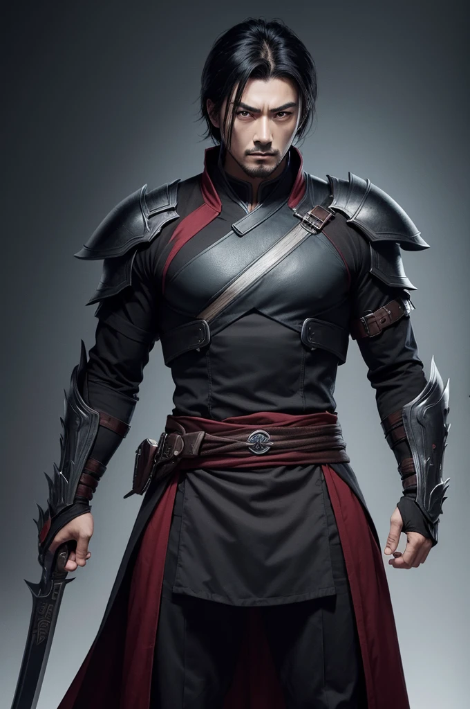 naughty man, red-eyed, black hair and fair skin, grimdark, warrior appearance