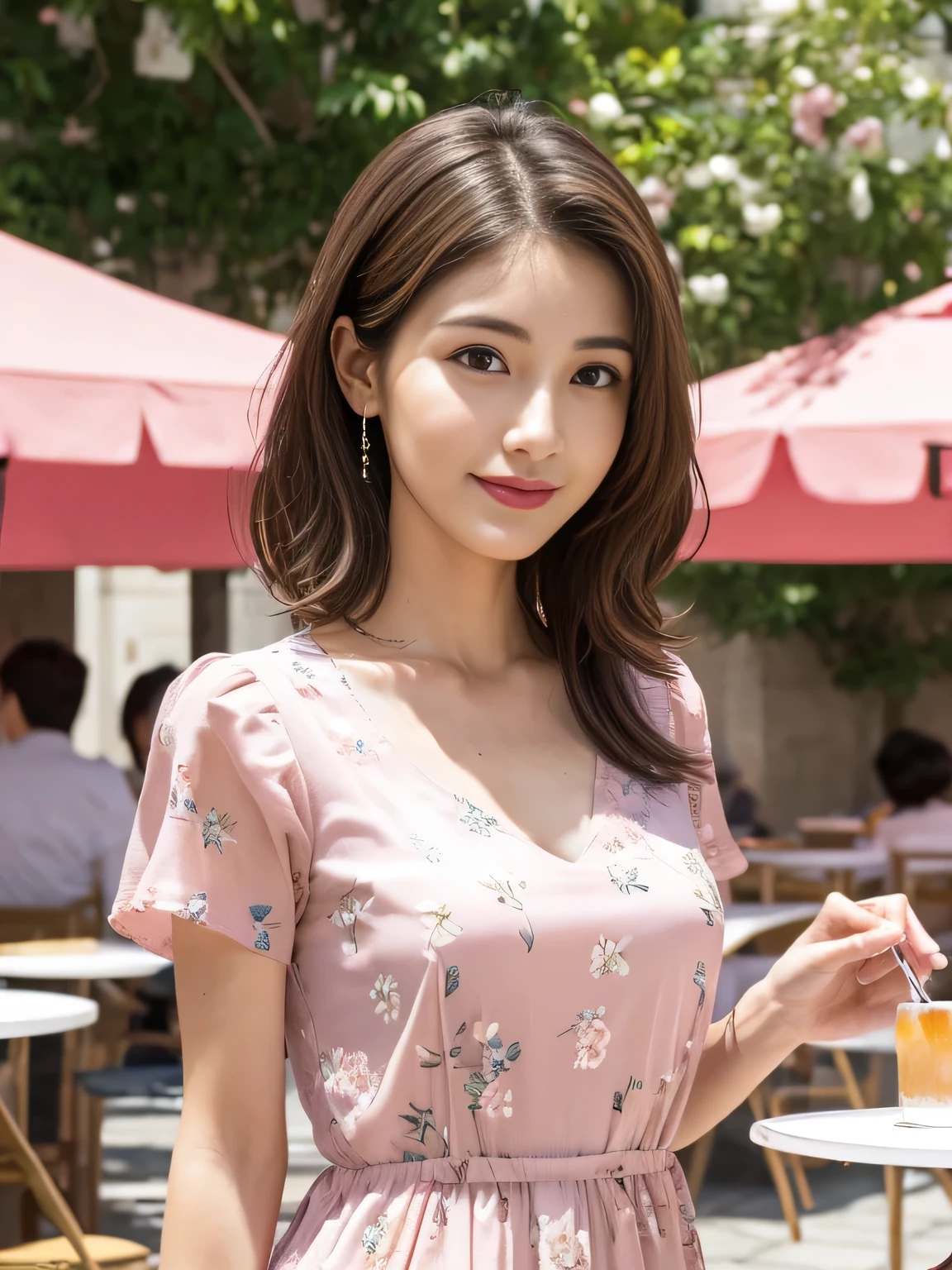 (RAW Photos), (Photo Real), (masterpiece), (Highest quality), High resolution, 8K resolution, (Intricate details), (Volumetric Light), Portraiture, woman, 30 years old, Medium Hair, Layered Hair, Brown Hair, Highly detailed eyes, Very thin eyebrows, Highly detailed skin, Highly detailed mouth, Highly detailed nose, Cute like an idol, smile, ((Pink lipstick)), ((Watching the audience)), (Elegant and transparent, Short sleeve dress with floral pattern), ((Open cafe terrace background)), ((Bodies facing random directions)),