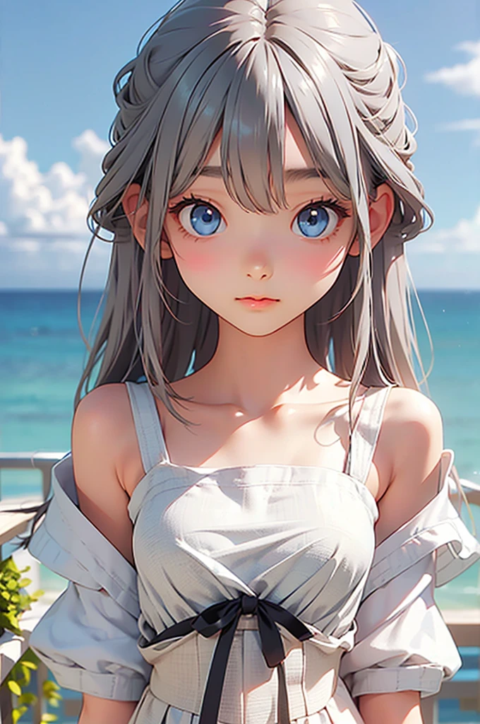 highest quality、Realistic、girl、Silver Hair、Light blue eyes、Long Hair、Light blue dress、Tanned black body、A well-trained body、Tan Skin、Brown black skin、slender、Ocean、Bust Shot