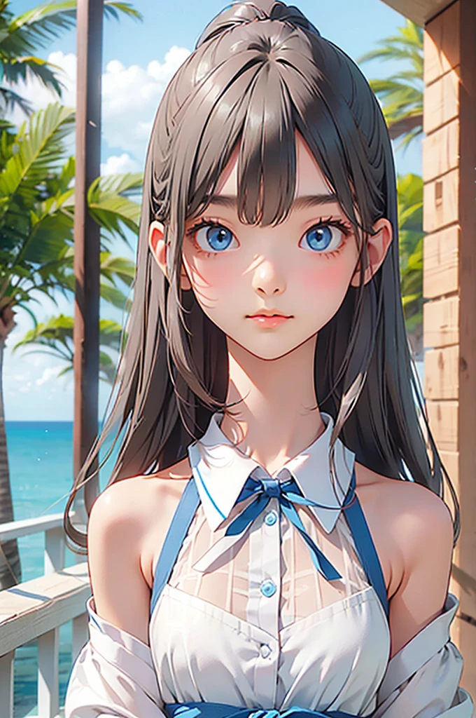 highest quality、Realistic、girl、Silver Hair、Light blue eyes、Long Hair、Light blue dress、Tanned black body、A well-trained body、Tan Skin、Brown black skin、slender、Ocean、Bust Shot