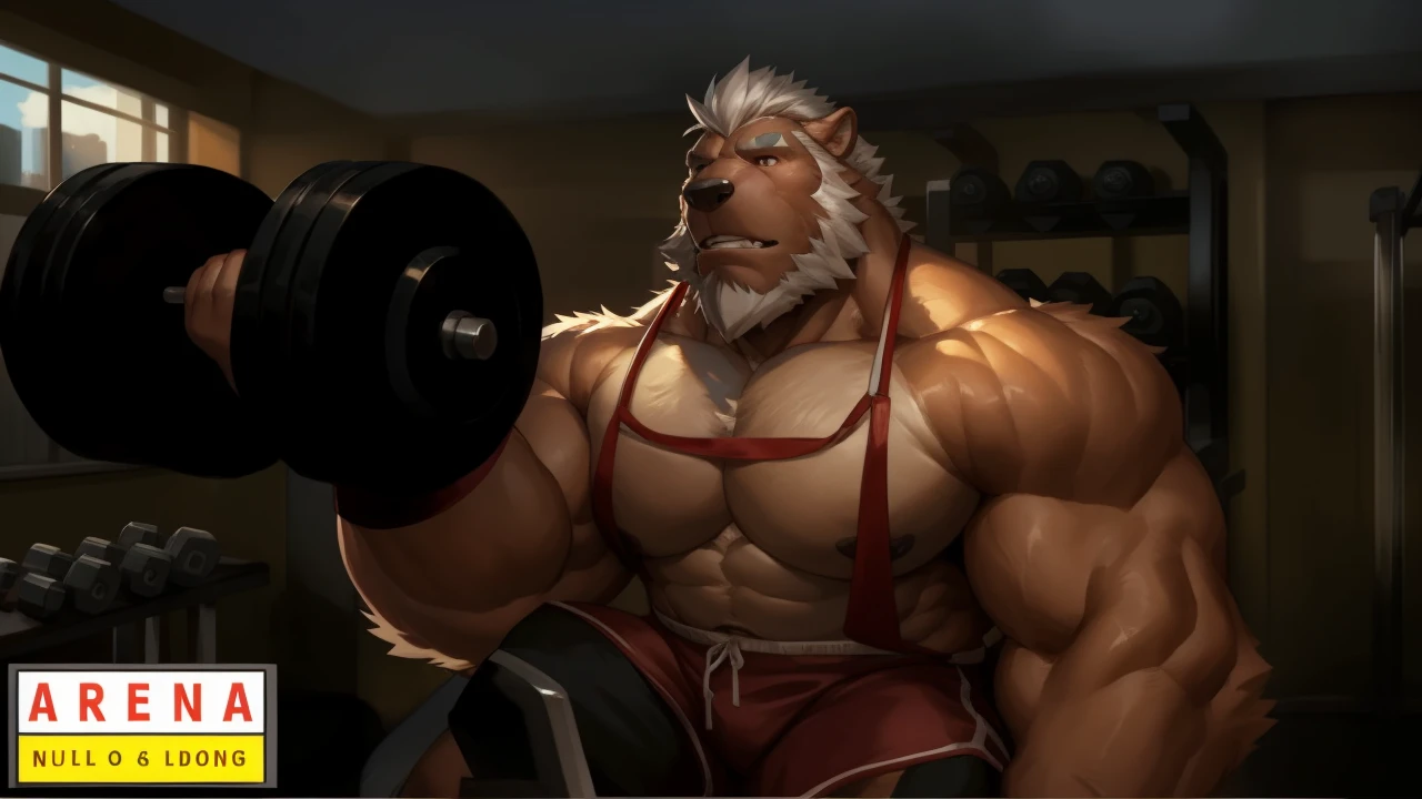 strong grizzly daddy,Brown skin,White hair and beard,Manly,Sit on the bench,holding two dumbbells in two hands,Only gym shorts,Bright and tidy gym,window,weight equipments,bodybuilding, working out, More details,by adios, by null-ghost, by lindong