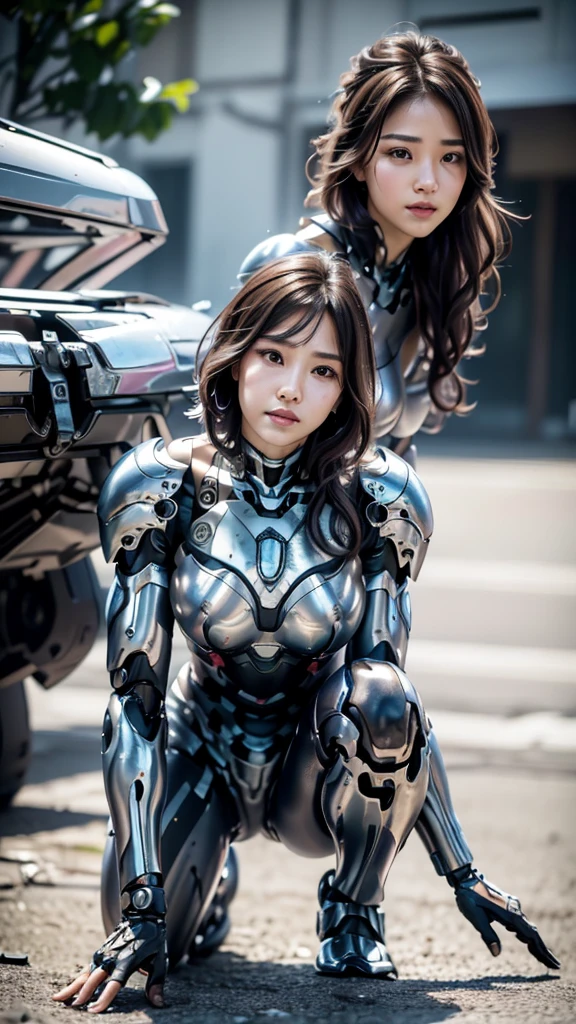 ((Two middle-aged women))Textured skin, Super detailed, Attention to detail, high quality, 最high quality, High resolution, 1080P, , (Lie on your back)beautiful,(War Machine),beautifulサイボーグ女性,Mecha Cyborg Girl,()((Heavily damaged armor)),A woman with a feminine mechanical body、Kind Face　Black-haired,Full Body Shot)、、A lot of sweat on the face、A blank look、Turn around、squat　Short-haired