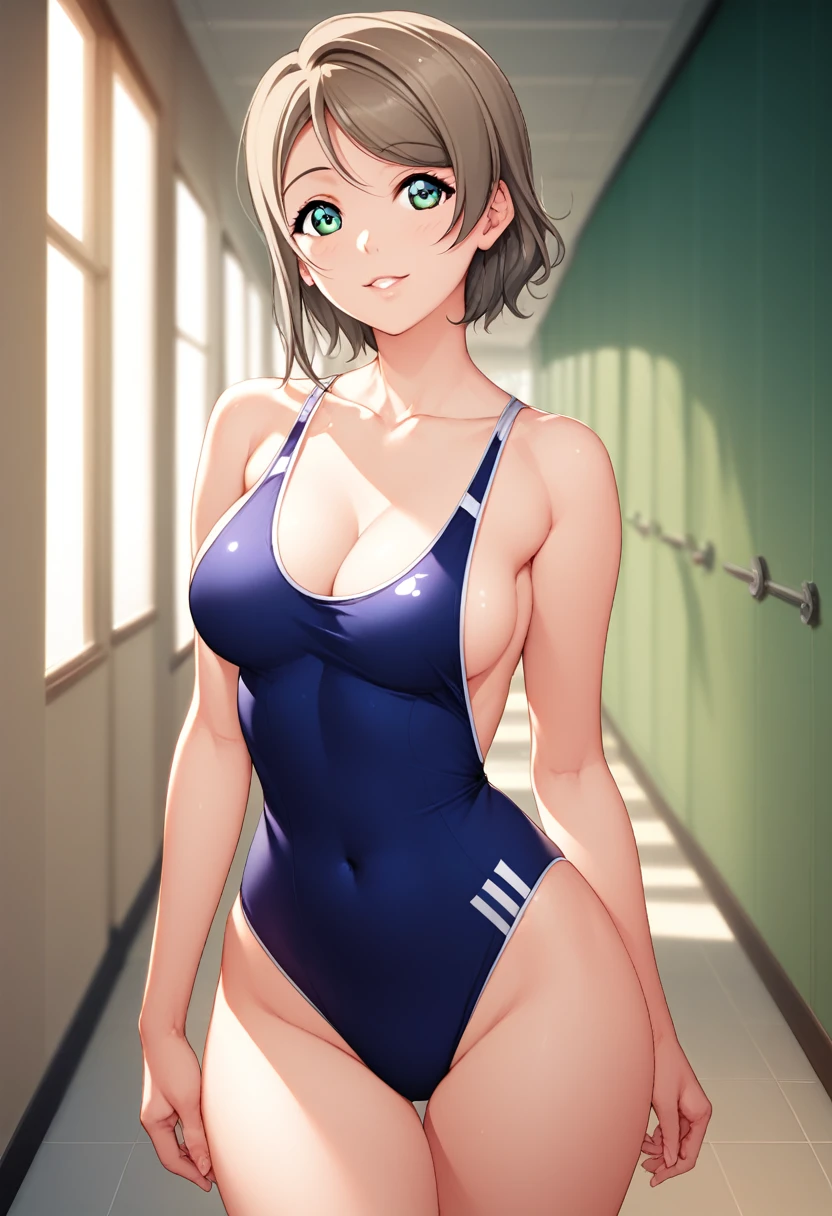 (Masterpiece), 8k wallpaper, solo, Watanabe you, standing, school hallway, sideboob,one-piece swimsuit, v-neck, low cut at hips, game cg, beautiful detailed face and eyes, perfect anatomy, curvy
