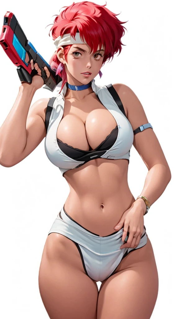 ((Masterpiece, highest quality; 1.3)), super quality, beautiful detail, super detailed, extra fine, 16K, exquisite, absurd, high resolution, beautiful background, detailed background, beautiful eyes, beautiful skin, anime style, Kay from Dirty Pair in a white outfit, tight outfit, cleavage, bushy redhead beauty, very light blue uniform, wearing tight clothes, skimpy, (mid chest: 1.2), cleavage, cleavage, slim waist , thin waist, slim thighs, thin legs, slim legs. thigh gap, showing stomach, skinny, thin hips, cyberpunk city background, holding retro space gun , headband,