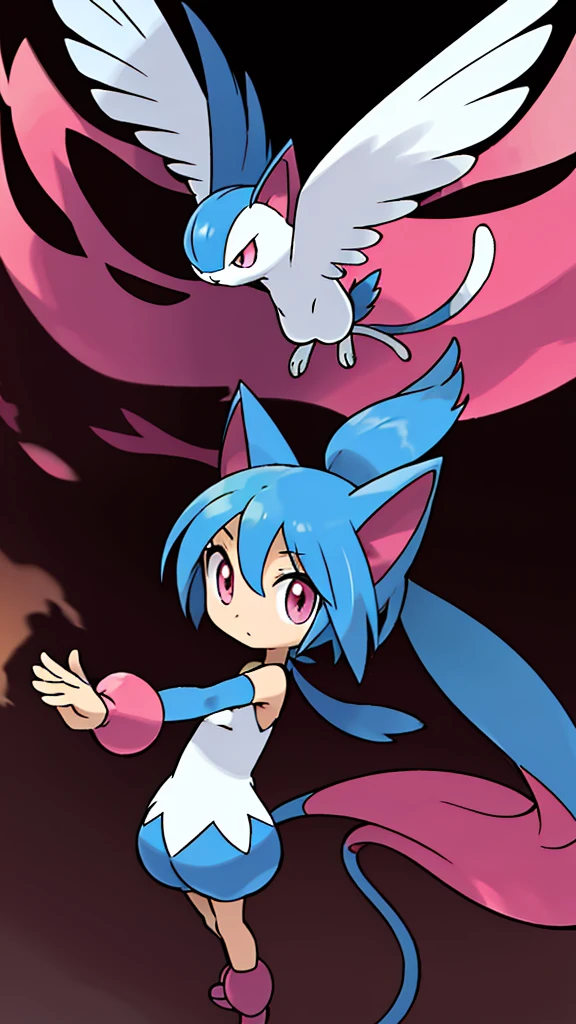 sugimori ken \(style\), psychic-flying pokemon, little cat, 2 colored cat's body, Pink eyes, Summer hat, thin tiny wings(masterpiece), high quality, best quality, high-definition, ultra-detailed, large blue hair, extremely large lenght tail, flying