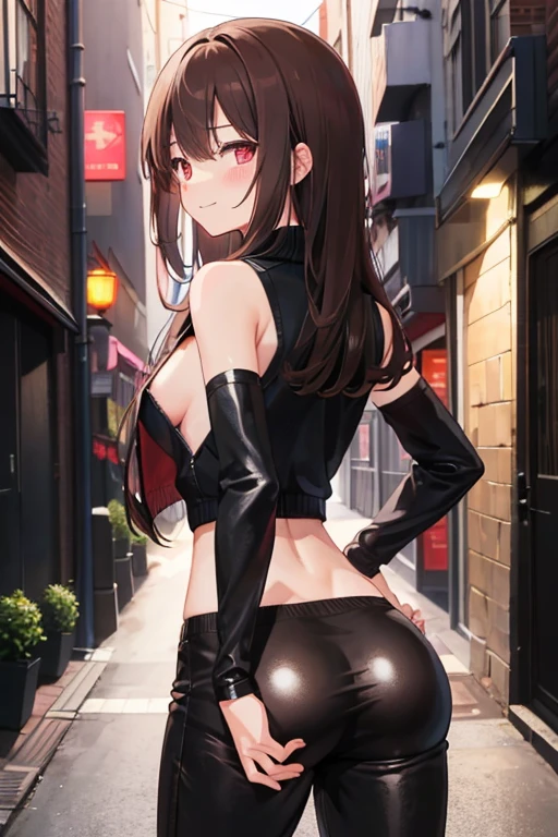 Colossal ,Black underwear,Brown hair,length hair,Pink eyes,top-quality,Blushing cheeks,Cunning smile,Color gimmicks,Back alley,Red Light District at Night,Black sweater,Talk face to face,Put your hands on your chest，Half of your ass is exposed，Leather pants，Take off your pants