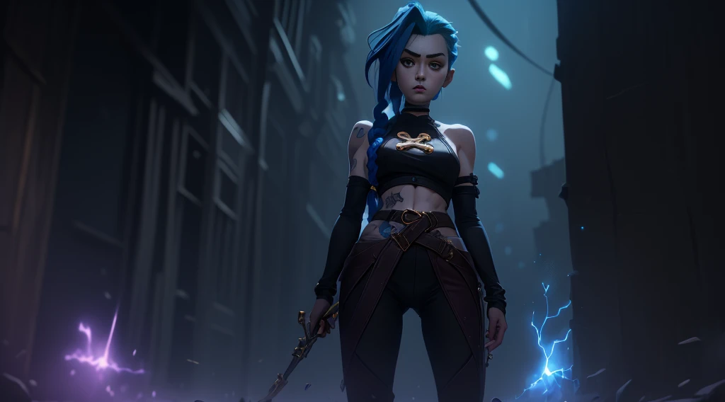 Jinx's character design, Dynamic movements, naked ass, bare breast, covers the chest with his hands, Swollen , butt, kitty, sexypose, Beautiful figure, Arcane's Jinx, Bright blue and purple sparks all around, glowing eyes, Pink glowing eyes, hairlong, hairsh, braided into long braids, Pigtails hang below the knee, Hair color changes from bright blue to navy blue, Dressed in brown breeches, Leather boots on the feet, Top with four gold circles on the chest in the middle of the chest, Blue cloud tattoos on shoulders and waist, Long bangs, hanging on the right side, Belt with cartridges on the belt, Arcane style, extremely detailed CG unity 8k wallpaper, detailed light, Cinematic lighting, chromatic aberration, glittering, expressionless, epic composition, dark in the background, Cherecter Desing, Very detailed, Detailed body, Vibrants, Detailed Face, sharp-focus, anime art, Vibrants, Detailed Face, Hugh Details, sharp-focus, Very drooping face, A detailed eye, super fine illustration, better shadow, finely detail, Beautiful detailed glow, Beautiful detailed, Extremely detailed, expressionless, epic composition,