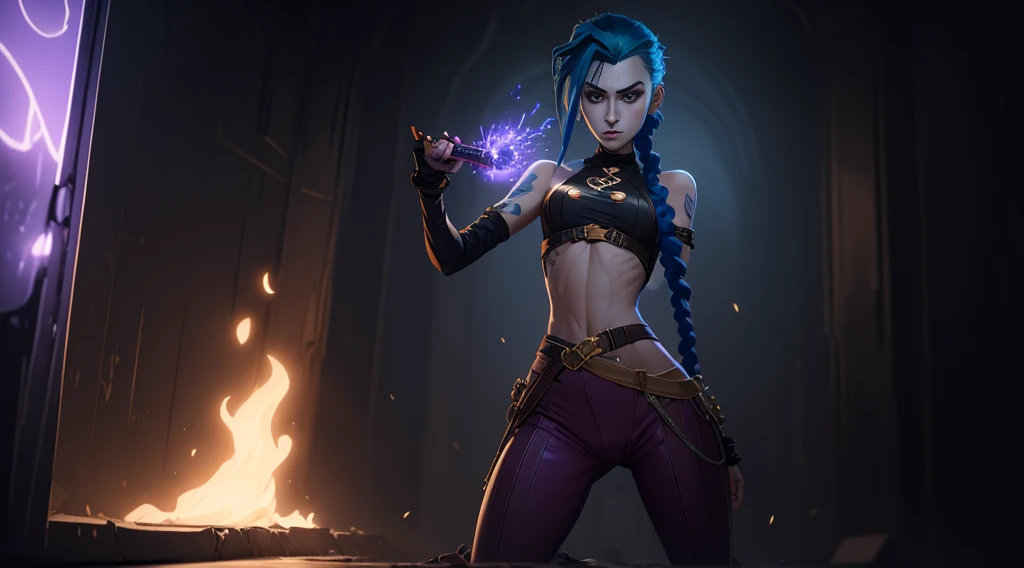 Jinx's character design, Dynamic movements, naked ass, bare breast, covers the chest with his hands, Swollen , butt, kitty, sexypose, Beautiful figure, Arcane's Jinx, Bright blue and purple sparks all around, glowing eyes, Pink glowing eyes, hairlong, hairsh, braided into long braids, Pigtails hang below the knee, Hair color changes from bright blue to navy blue, Dressed in brown breeches, Leather boots on the feet, Top with four gold circles on the chest in the middle of the chest, Blue cloud tattoos on shoulders and waist, Long bangs, hanging on the right side, Belt with cartridges on the belt, Arcane style, extremely detailed CG unity 8k wallpaper, detailed light, Cinematic lighting, chromatic aberration, glittering, expressionless, epic composition, dark in the background, Cherecter Desing, Very detailed, Detailed body, Vibrants, Detailed Face, sharp-focus, anime art, Vibrants, Detailed Face, Hugh Details, sharp-focus, Very drooping face, A detailed eye, super fine illustration, better shadow, finely detail, Beautiful detailed glow, Beautiful detailed, Extremely detailed, expressionless, epic composition,