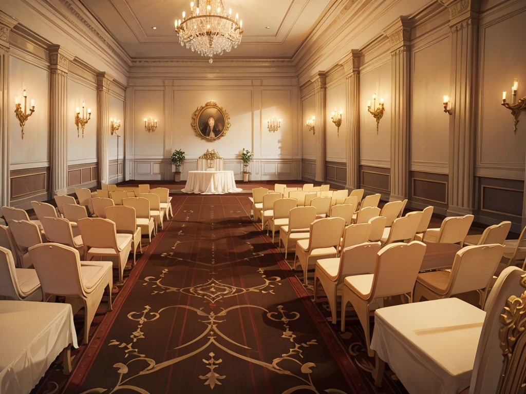 regency era ballroom interior, muted color palette, browns and beiges