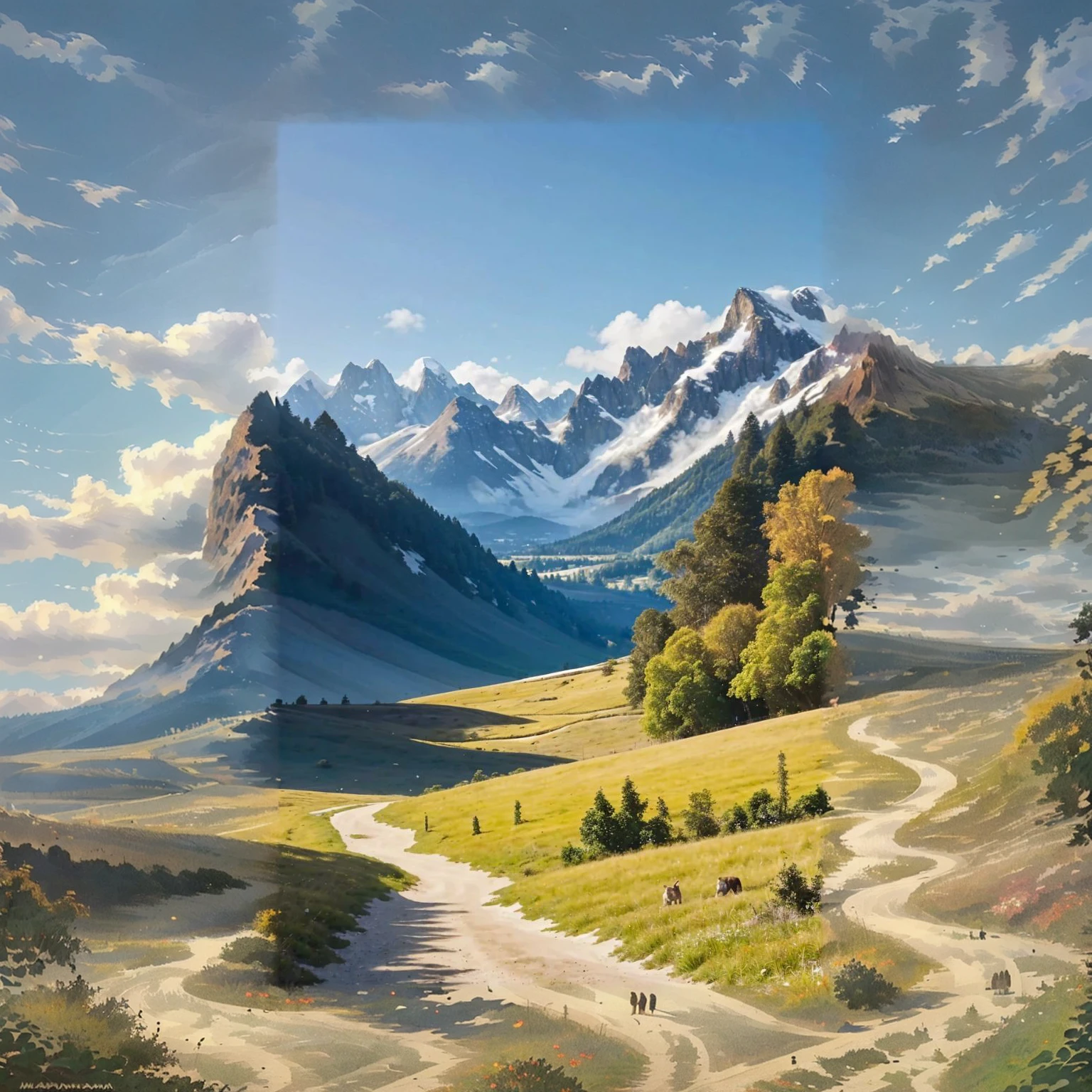 a clear dirt road going through a plain of shin high golden brown grass with beautiful flowers spread throughout the area, a clear blue sky with the occasional fluffy white clouds going past with the path leading to a large forest in the far distance and further in the distance is a large snowcapped mountain range, Landscape, wizard, fantasy, cat, FanFo, best quality