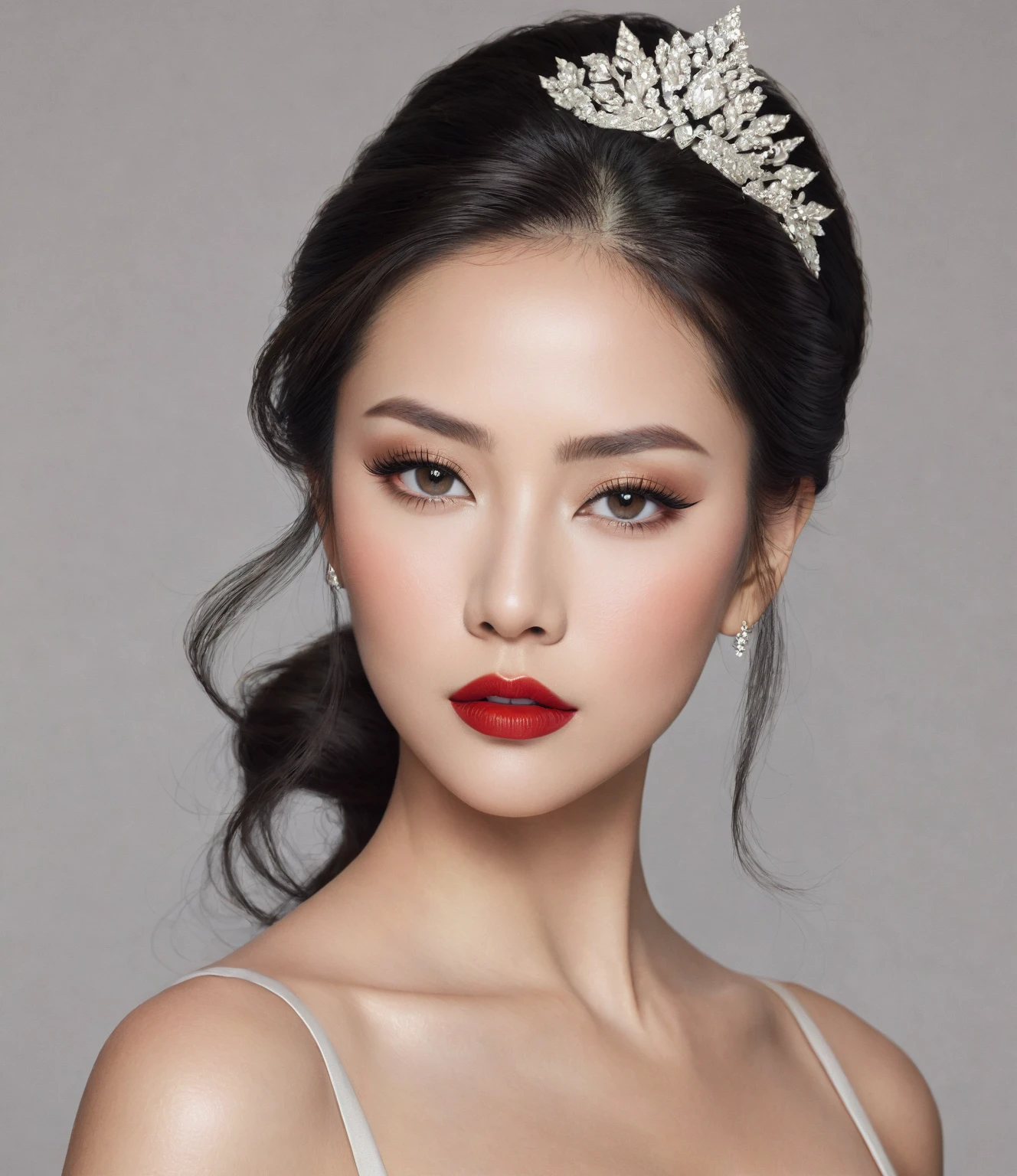 Create a high-quality, photorealistic image of Queen Ivy, an elegant and sophisticated half Asian woman. She has a commanding presence with delicate, symmetrical facial features. Her skin is smooth and flawless with a light, natural complexion. She has almond-shaped eyes with dark brown irises, enhanced by dramatic smokey eye makeup and long, voluminous lashes. Her eyebrows are perfectly arched and well-defined.
Her lips are full and painted with bold red lipstick, complementing her overall look. Her hair is long, sleek, and jet-black, styled elegantly. In this image, she is wearing a subtle makeup look, highlighting her natural beauty with a touch of blush and highlighter on her cheekbones.
