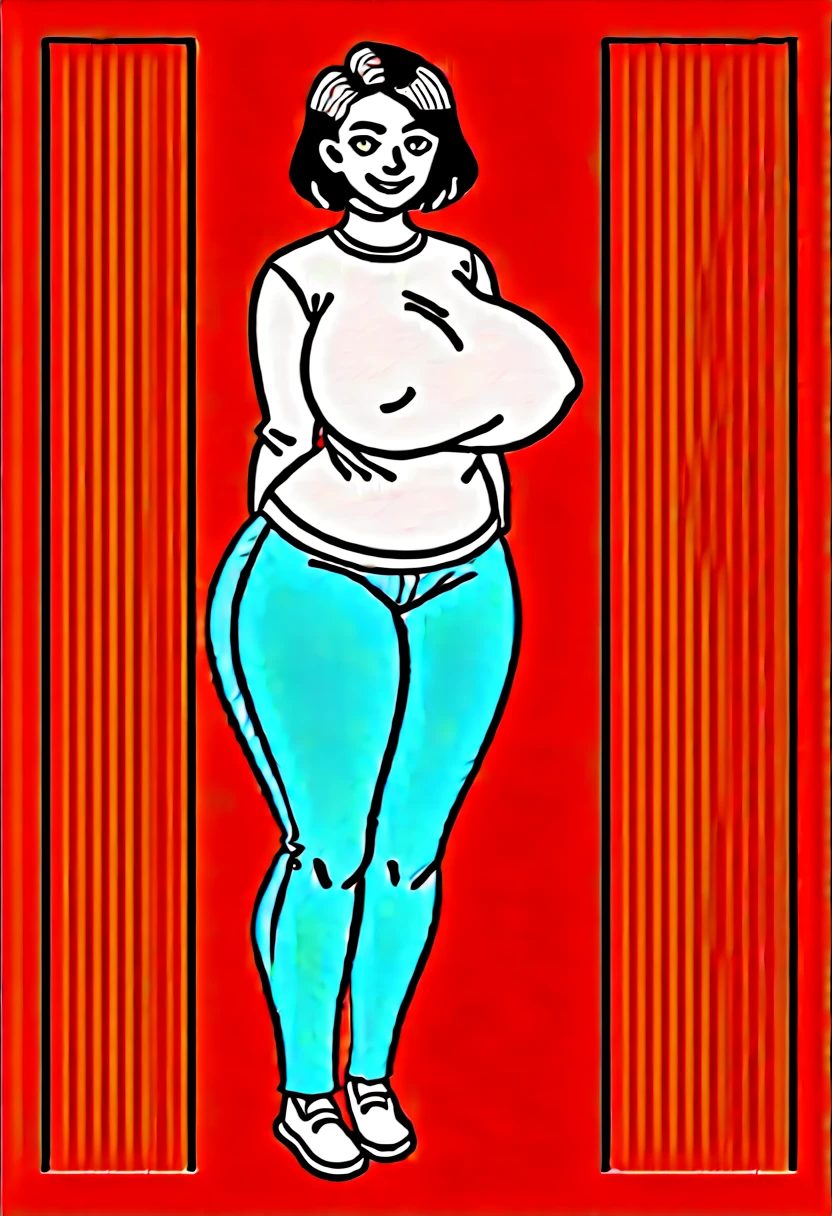 an adult woman, She has a robust and curvy build.. your hips, abdomen and bust are pronounced., which gives you an hourglass figure, some wrinkles on the face., short brown hair, yellow eyes, a mole on the cheek, happy smile, big breasts, Wide hips, wide stomach, thick thighs, short stature, huge beige sweater, hardened nipples, blue jeans, full body view, alone, in a medical room, session, 