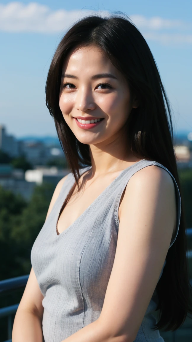 ((Highest quality、8K、masterpiece:1.3))、Realistic, Sharp focus, High resolution, High resolution,Portraiture, One person、Japanese、woman, beautiful woman, (((V-neck sleeveless casual dress)))、30 years old, Glamorous figure, Medium Long Hair,smile、On the Plateau
