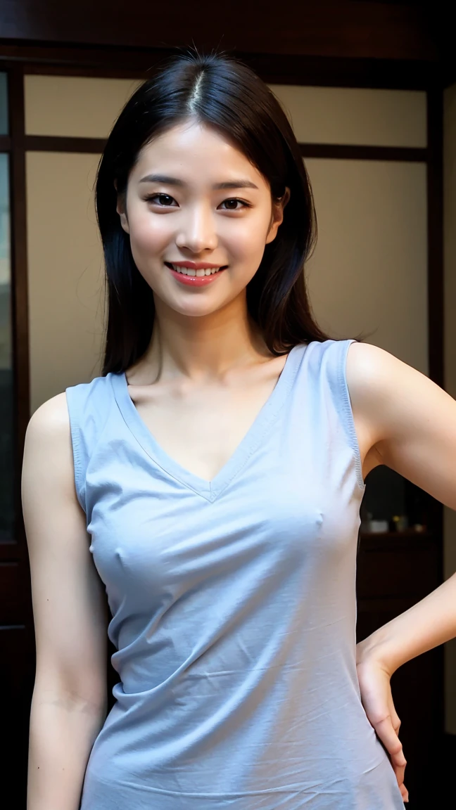 ((Highest quality、8K、masterpiece:1.3))、Realistic, Sharp focus, High resolution, High resolution,Portraiture, One person、Japanese、woman, beautiful woman, (((V-neck sleeveless casual dress)))、30 years old, Glamorous figure, Medium Long Hair,smile、On the Plateau