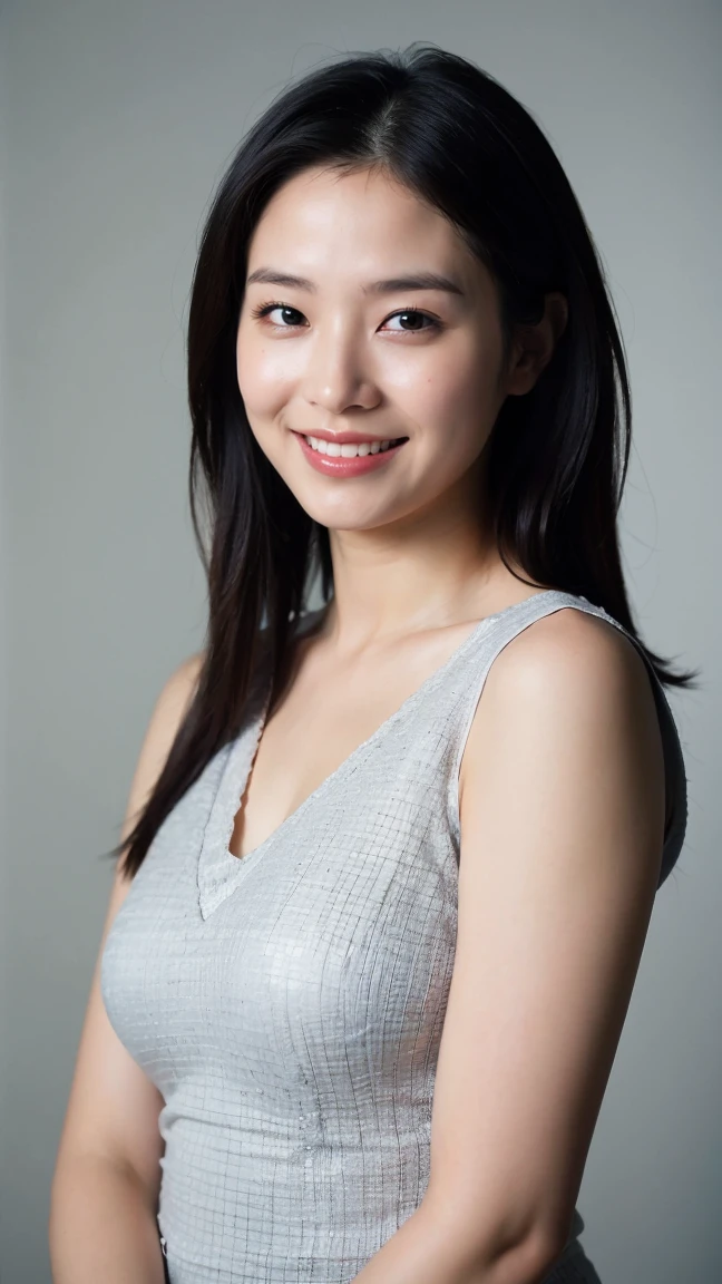((Highest quality、8K、masterpiece:1.3))、Realistic, Sharp focus, High resolution, High resolution,Portraiture, One person、Japanese、woman, beautiful woman, (((V-neck sleeveless casual dress)))、30 years old, Glamorous figure, Medium Long Hair,smile、On the Plateau