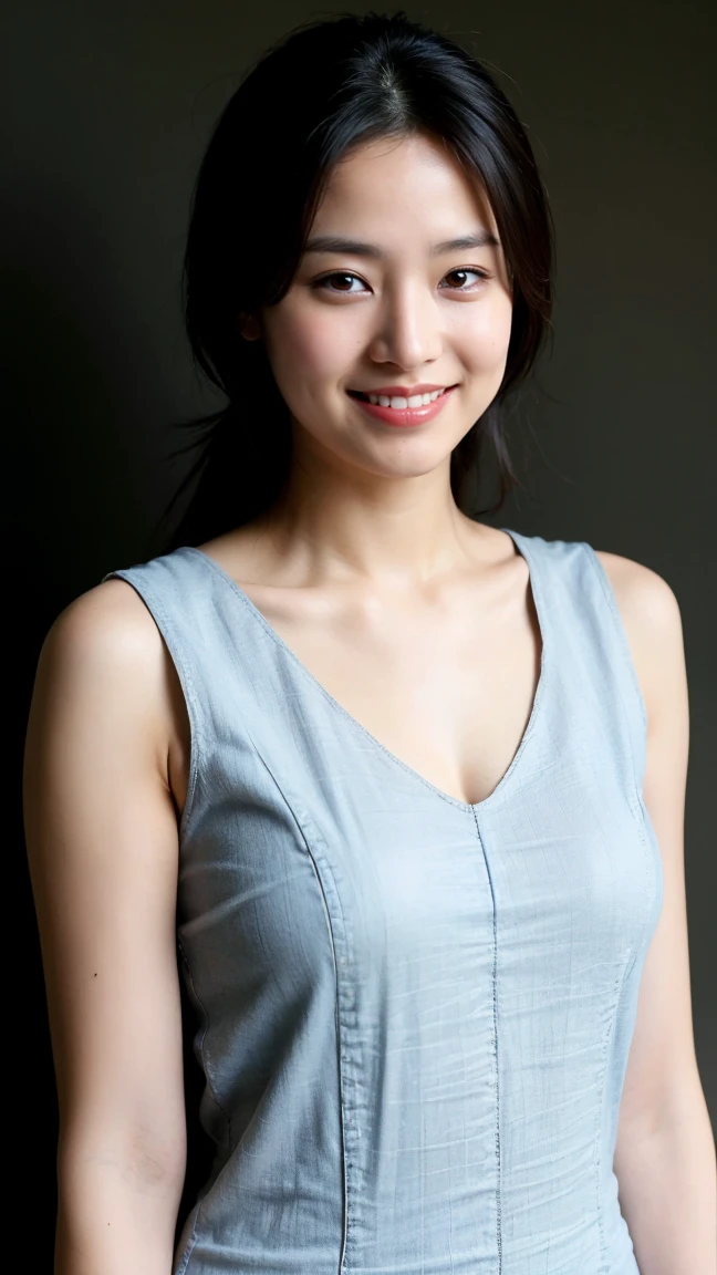 ((Highest quality、8K、masterpiece:1.3))、Realistic, Sharp focus, High resolution, High resolution,Portraiture, One person、Japanese、woman, beautiful woman, (((V-neck sleeveless casual dress)))、30 years old, Glamorous figure, Medium Long Hair,smile、On the Plateau