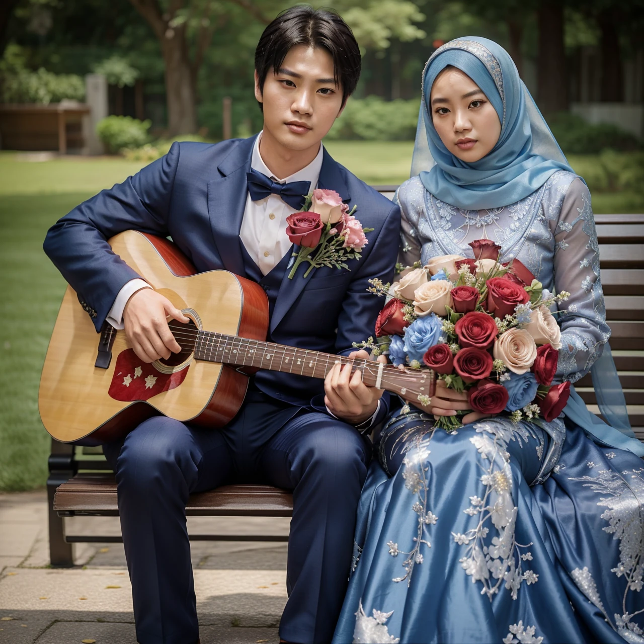 real potrait, full body, Longshot, a Korean man with short hair wearing a dark blue suit, holding a guitar, and an Asian woman wearing a blue hijab wearing a kebaya embroidered with silver thread, holding a bouquet of red roses, sitting side by side on a park bench, colorful flowers behind them