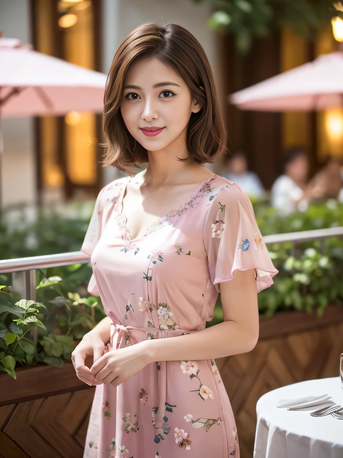 (RAW Photos), (Photo Real), (masterpiece), (Highest quality), High resolution, 8K resolution, (Intricate details), (Volumetric Light), Portraiture, woman, 30 years old, Medium Hair, Layered Hair, Brown Hair, Highly detailed eyes, Very thin eyebrows, Highly detailed skin, Highly detailed mouth, Highly detailed nose, Cute like an idol, smile, ((Pink lipstick)), ((Watching the audience)), (Elegant and transparent, Short sleeve dress with floral pattern), ((Open cafe terrace background)), ((Bodies facing random directions)),