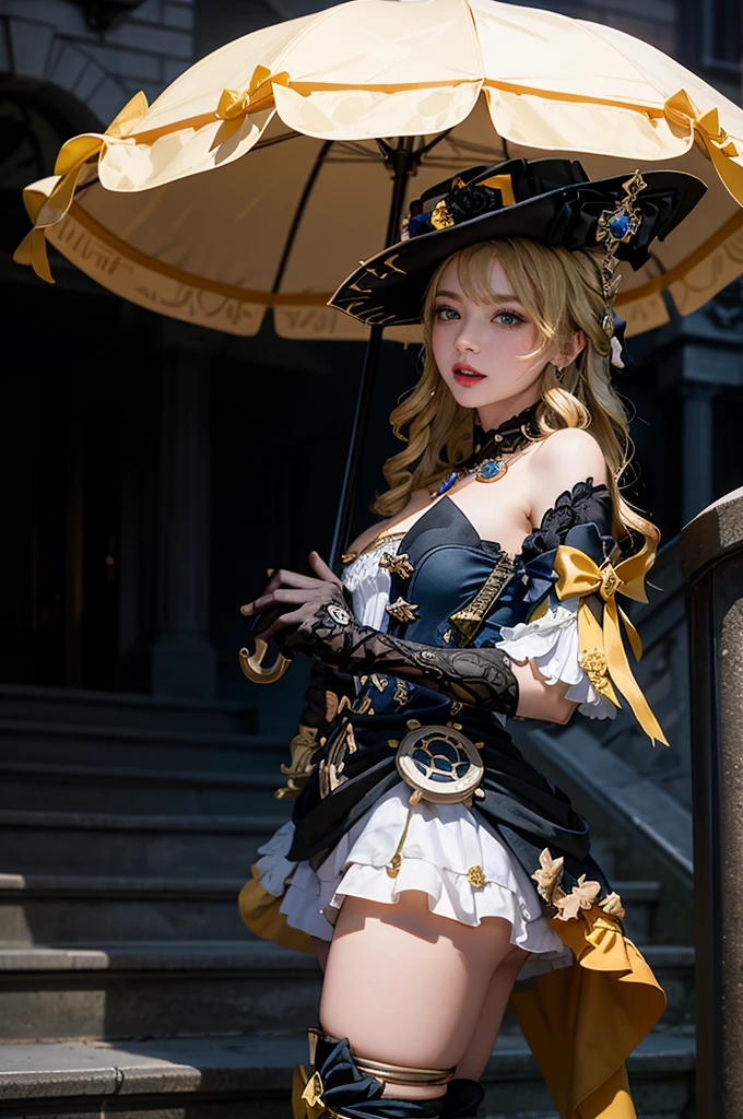 masterpiece, best quality,8K,realistic, high quality, photography, depth of field,HDR, mackerel,(photoshop \(middle\):1.4) ,
1 woman, umbrella, blonde hair, alone, have, blue eyes, long hair, Gloves, drill head, dress, big bust, thighs, possession, possession umbrella, looking at viewer, bird, laugh, black Gloves, black hat, thigh Boots, outdoors, stairs, forehead, elbow Gloves, closed mouth, bare shoulders, parasol, Boots, bijouterie, flower, twin drills, cowboy shot