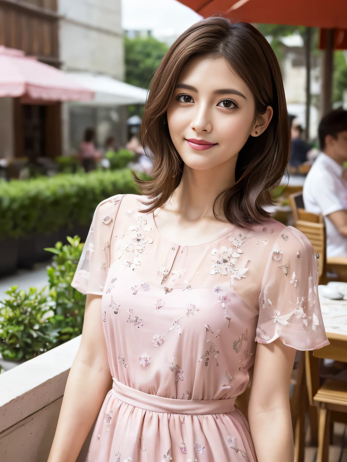 (RAW Photos), (Photo Real), (masterpiece), (Highest quality), High resolution, 8K resolution, (Intricate details), (Volumetric Light), Portraiture, woman, 30 years old, Medium Hair, Layered Hair, Brown Hair, Highly detailed eyes, Very thin eyebrows, Highly detailed skin, Highly detailed mouth, Highly detailed nose, Cute like an idol, smile, ((Pink lipstick)), ((Watching the audience)), (Elegant and transparent, Short sleeve dress with floral pattern), ((Open cafe terrace background)), ((Bodies facing random directions)),