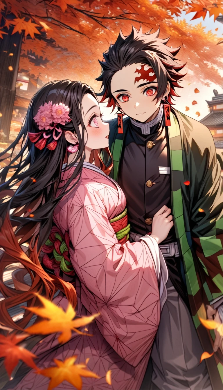 Ultra detailed, highres, absurdres, HDR, master piece, Kamado Tanjirou, ruffled black hair with burgundy tips, short hair, expressive dark red eyes, hanafuda earrings, Kamado Nezuko, black hair, expressive pink eyes, black haori, pink kimono, Kimetsu No Yaiba, autumn, petals, orange and yellow leaves, a handsome man together with a beautiful woman, couple, handsome, demon slayer uniform, green haori, best quality, red mark on his forehead