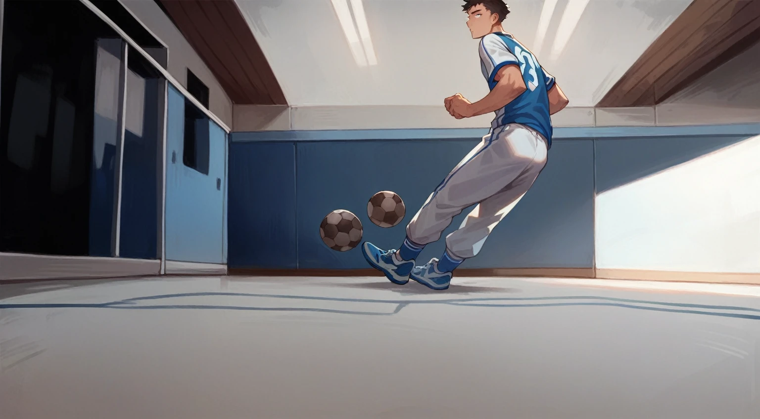 Make this boy in blue inside a football field