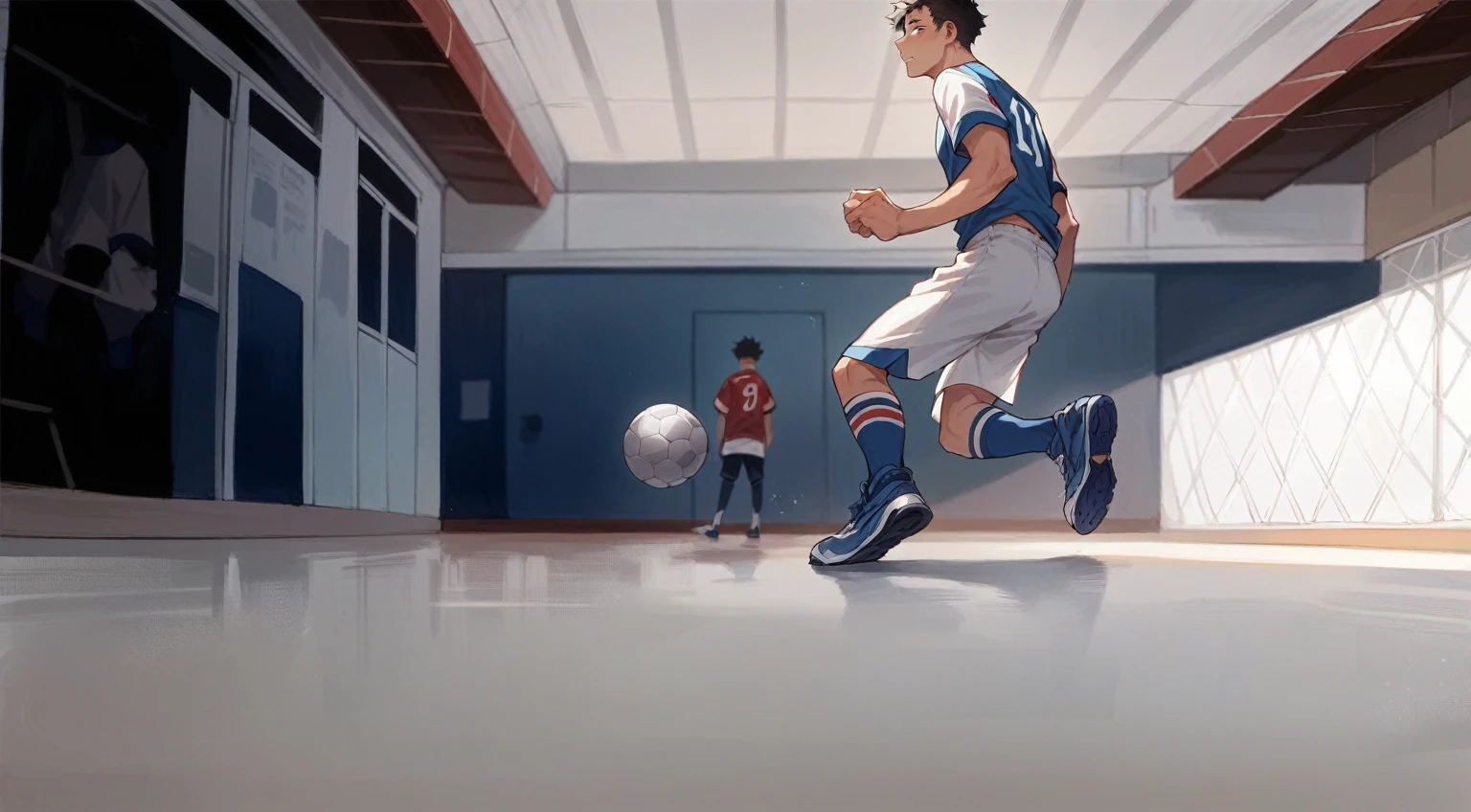 Make this boy in blue inside a football field