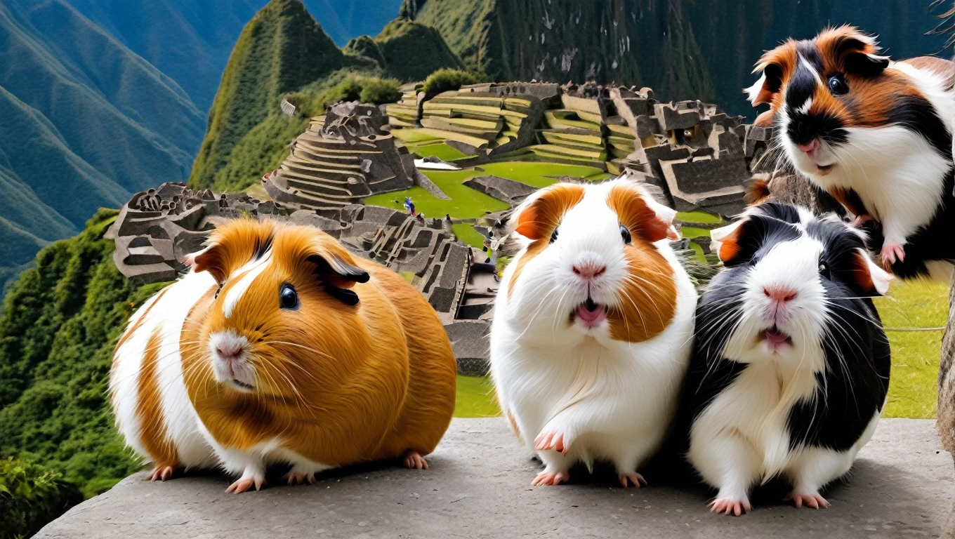 its tornado season, photo of surprised guinea pigs blowing away in the heavy wind of Machu Picchu, flying guinea pigs tumbling in wind, funny, chaotik, award winning masterpiece, hilarious
