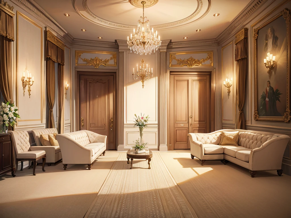 regency era ballroom interior, muted color palette, browns and beiges