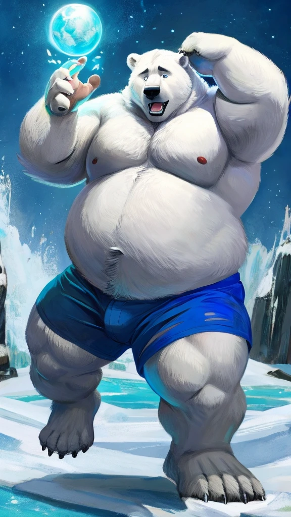 Male,polar bear,fat, transformation,shocked face